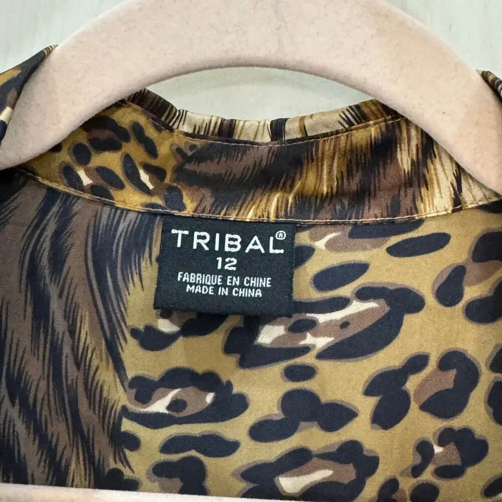 TRIBAL Jungle Cats Animal Print Blouse Size 12 100% Silk Brown Tan Black - Picture 7 of 11